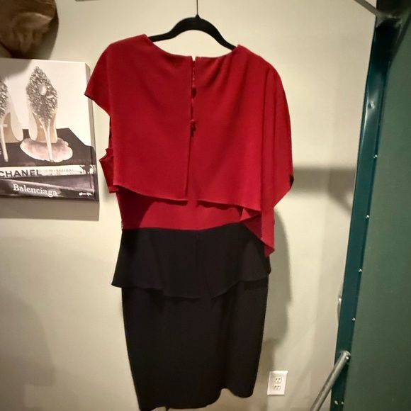 NWOT Teri Jon Red/Black Asymmetrical Midi Dress w/ Leather Belt 12/Large $698 - Picture 5 of 14